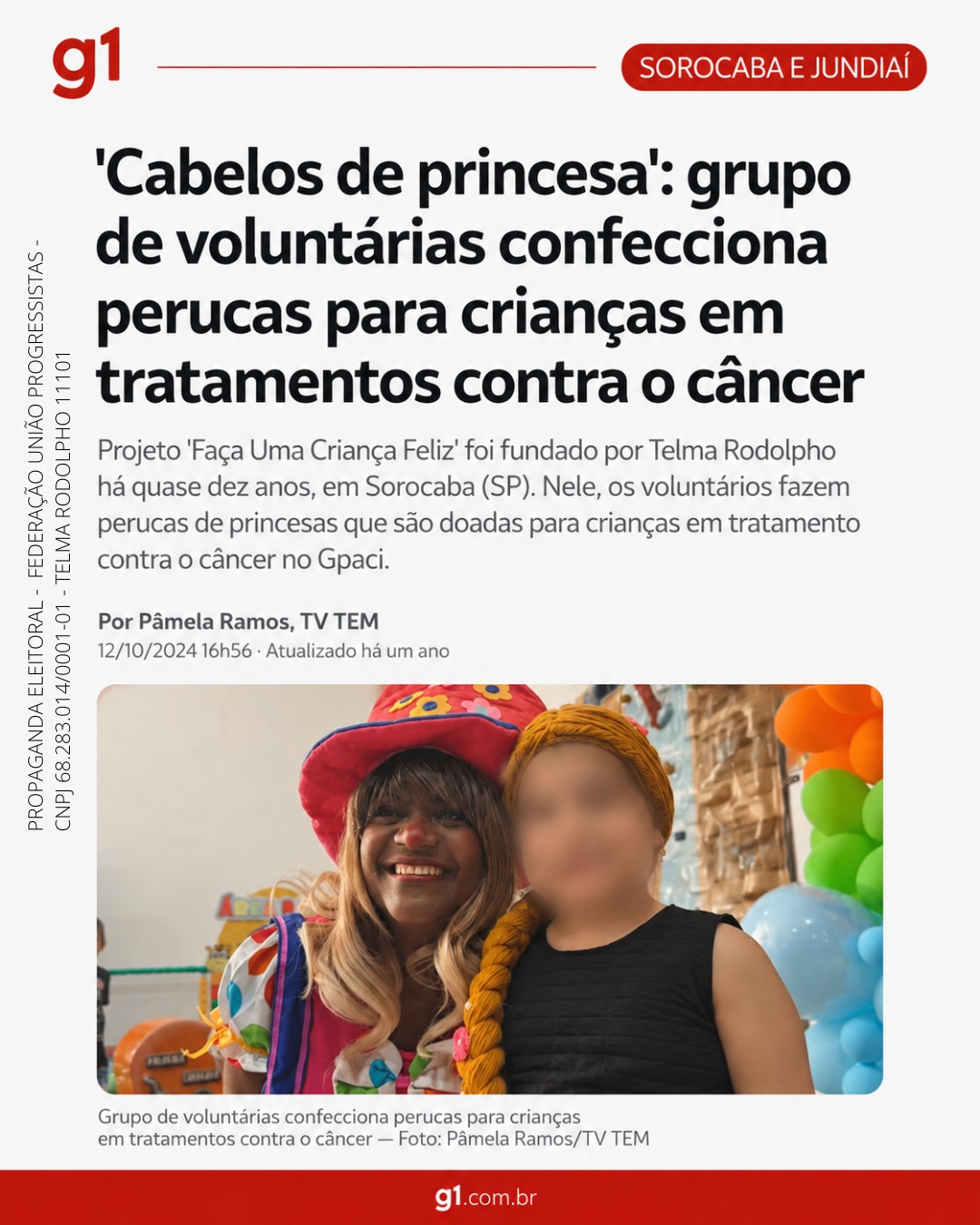 Reprodução de reportagem do g1 sobre voluntárias que fazem perucas para crianças em tratamento contra o câncer